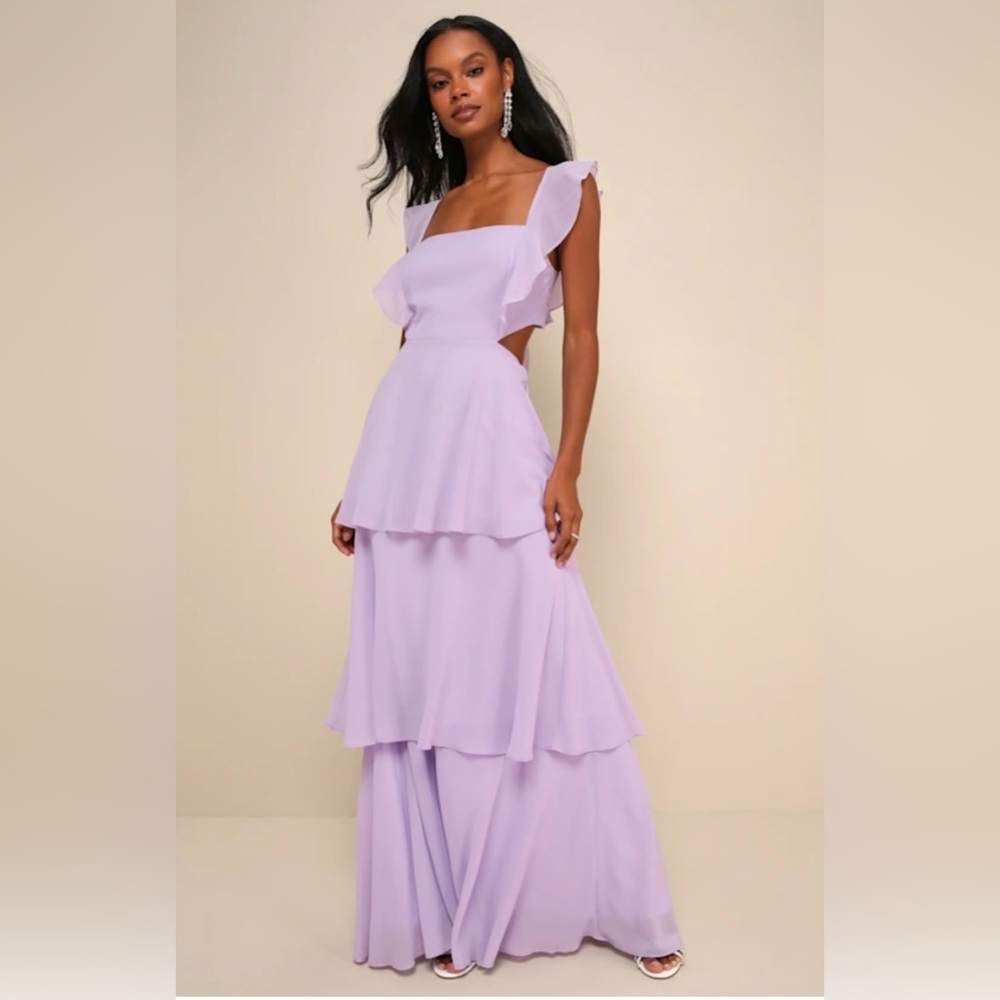 Elegant Event Lavender Ruffled Tie-Back Tiered Maxi Dress Large